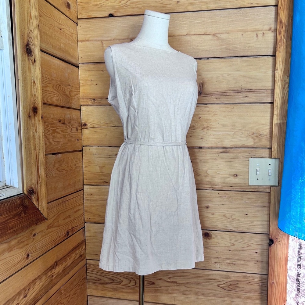 Vintage Linen Sleeveless Shift Dress Womens Size 11 Beige Boatneck Midi Talbots